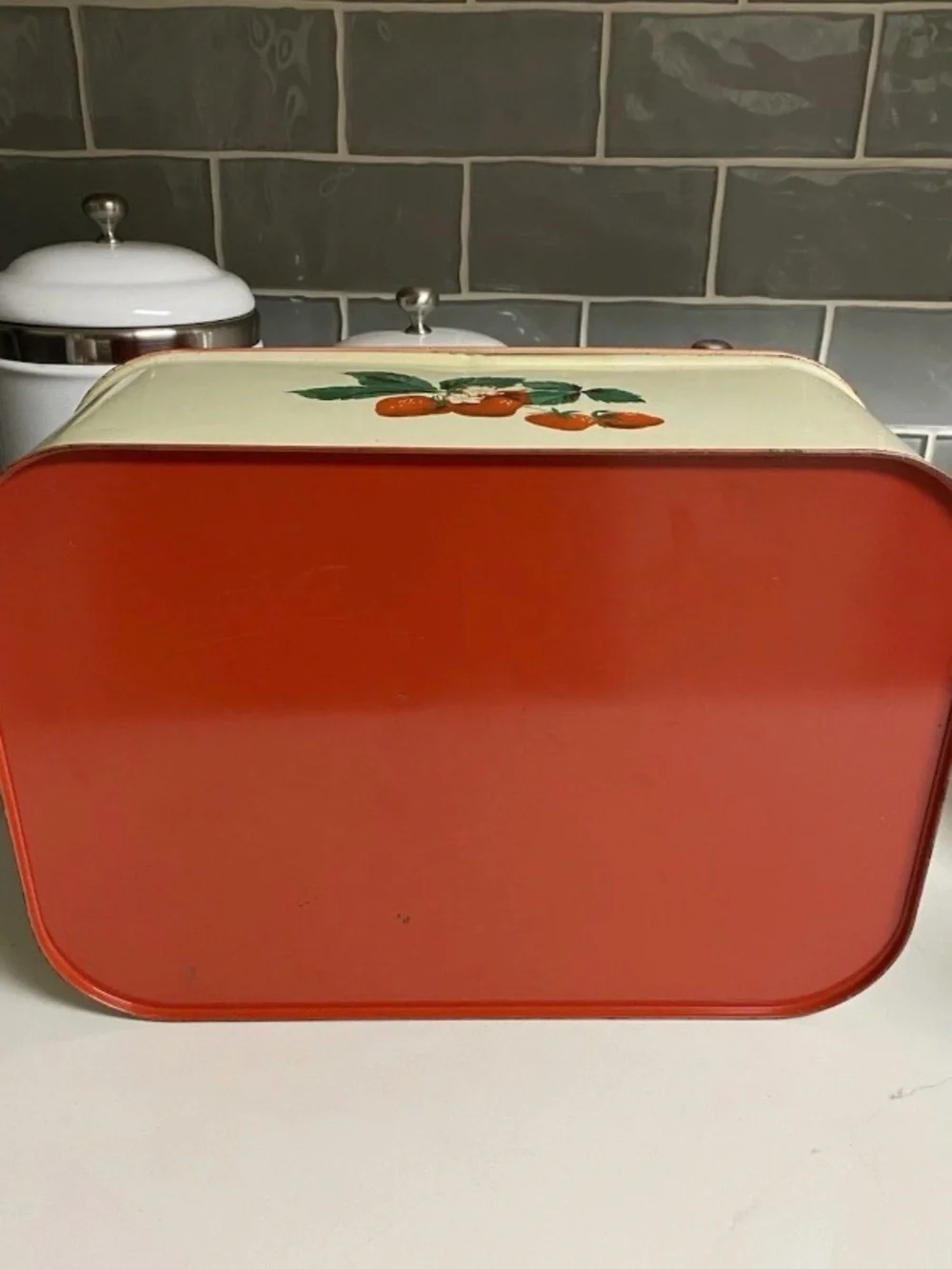 Vintage Strawberry Shabby Chic Hinged Red Metal Bread Box & Canister Set